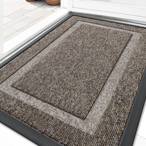 OLANLY Front Door Mat Indoor Outdoor Entrance, Waterproof All-Season, All-Weather Doormat, Sturdy Natural Rubber, Low Profile, Easy Clean Patio Porch Entryway Mat, 29.5x17, Khaki and White