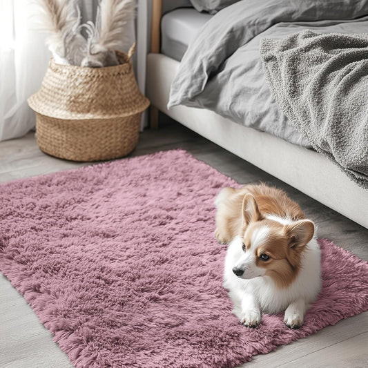 OLANLY Soft Fluffy Shaggy Bedside Rug - Machine Washable 2x3 Entryway Carpet in Blush for Kids' Rooms