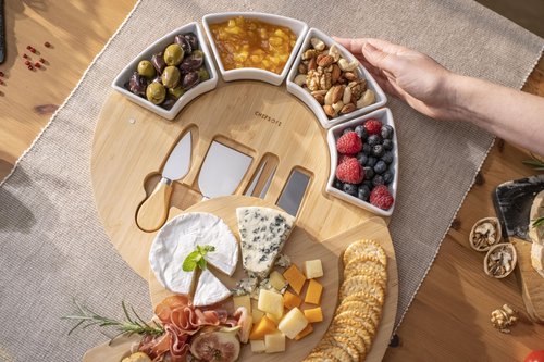 Charcuterie Cheese Board and Platter Set - Made from Bamboo Wood - US Patented 13 inch Cheese Cutting Board and Knife for Entertaining and Serving - 4 Knives - 4 Bowls
