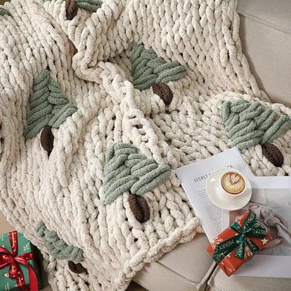 Green Christmas Tree Chunky Knit Throw Blanket 50x60in - Handcrafted Xmas Tree Pattern (Variation: Green+Christmas Tree)