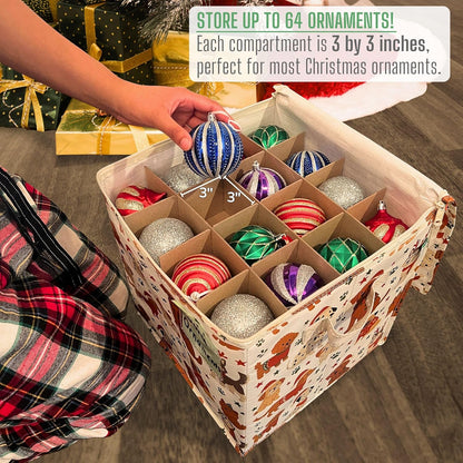 VENO Christmas Ornament Storage Box - 4 Pack, Holds 64 Ornaments, Adjustable Dividers, Zippered Top | Holiday Pups Design