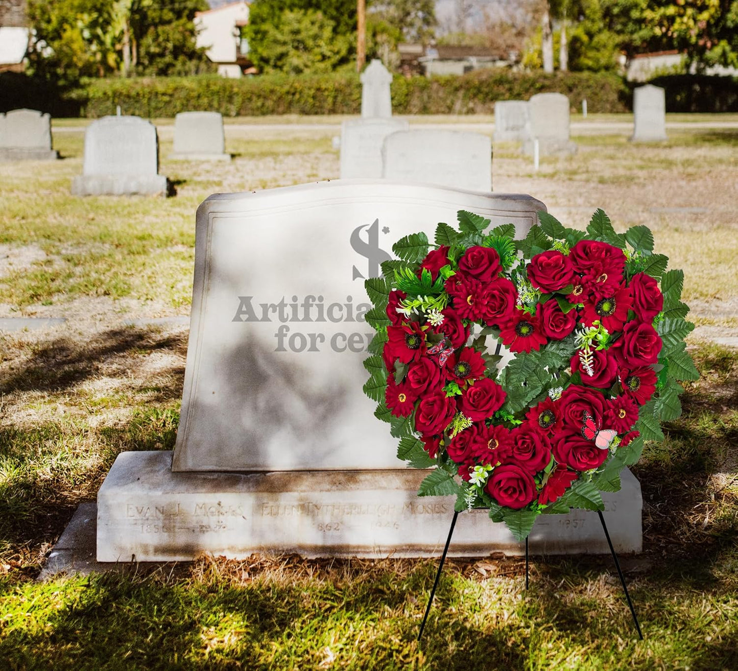 Regine Switzerland Cemetery Wreath - Heart-Shaped Memorial Floral with 30-Inch Easel Stand | Red Rose Design