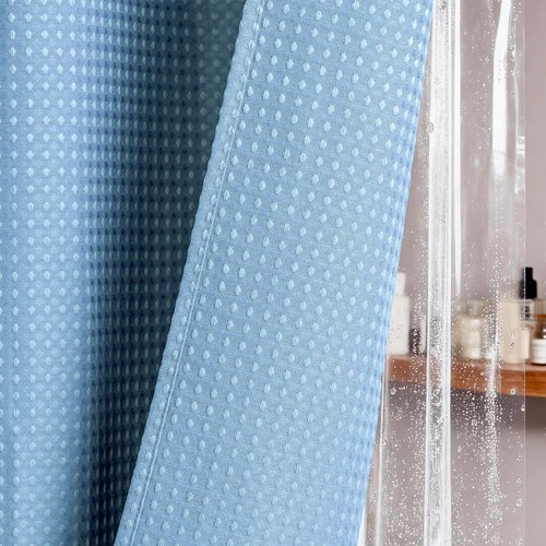Dynamene Long Shower Curtain and Liner Set - 78 inch Tall Waffle Fabric, Waterproof Clear Liner, Heavy Duty Weighted Hotel Luxury Shower Curtains for Bathroom, 12 Hooks, 72x78, Moonlight Blue