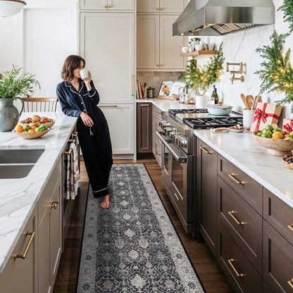 Hallway Washable Runner Rug - Vintage Soft Non-Slip Floor Mat for Kitchen & Entryway | 3x10 Black
