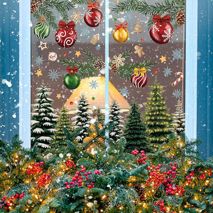 Vintage Christmas Window Cling 9 Sheets - Reusable Snow Tree Forest Decals for Home Office Classroom
