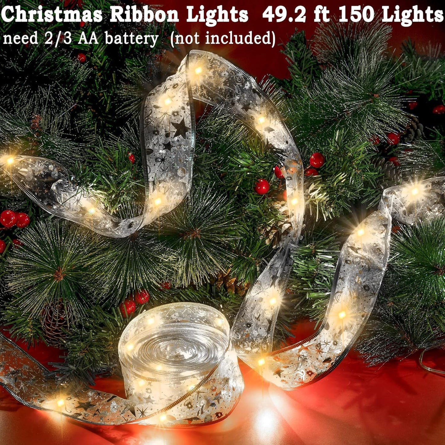 Minetom 33ft Christmas Tree Ribbon String Lights - 100 LED Battery Powered Fairy Lights with Timer