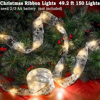 Minetom 33ft Christmas Tree Ribbon String Lights - 100 LED Battery Powered Fairy Lights with Timer