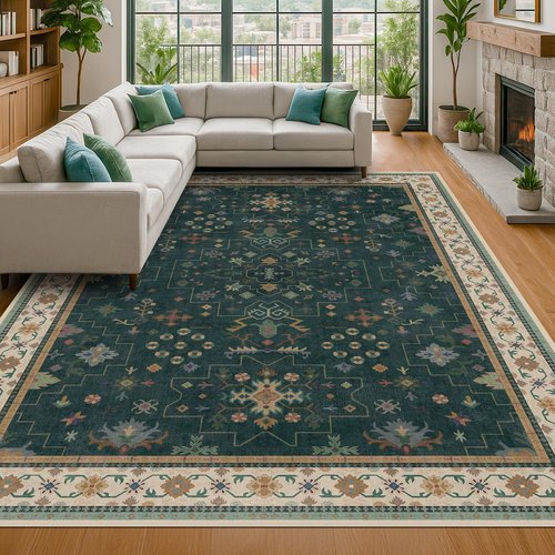 Hazo Haus Dark Green Vintage Rug - Washable 7x10 Floral Geometric Design, Ultra Soft Non-Slip for Living Room