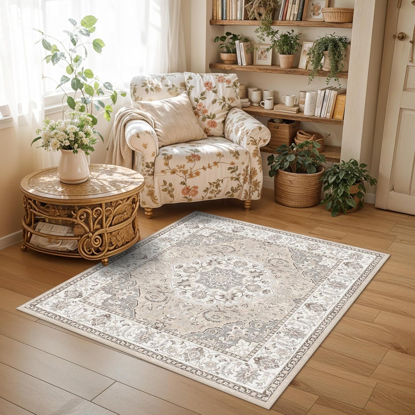Skiennix 4x4 Washable Square Area Rug - Soft Non-Slip Kitchen Carpet | Water-Resistant Beige Mat for Living Room & Nursery