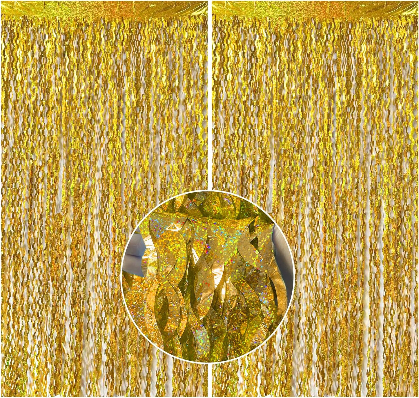 Skiennix Gold Fringe Curtain Backdrop - Tinsel Streamers for Birthday & Graduation Parties | 2 Pack