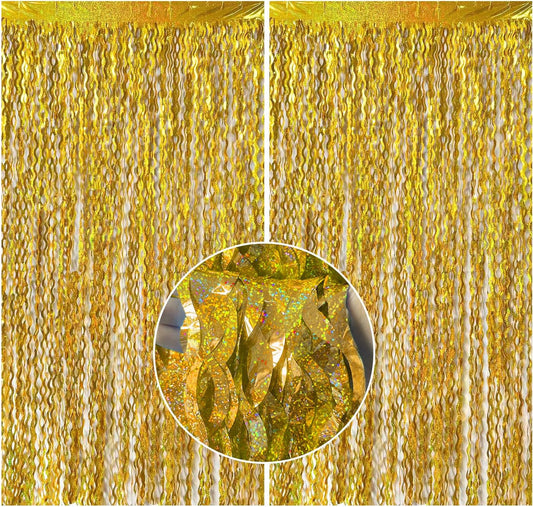 Skiennix Gold Fringe Curtain Backdrop - Tinsel Streamers for Birthday & Graduation Parties | 2 Pack