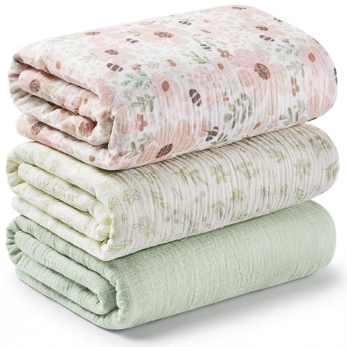 3-Pack Muslin Swaddle Blankets for Newborns Boy,Girl – 47x47 Large Cotton Muslin Baby Blanket, Nursery Swaddling, Neutral, Soft, Breathable, Light Infant Baby Receiving Cover (Flora Vale, Regular)