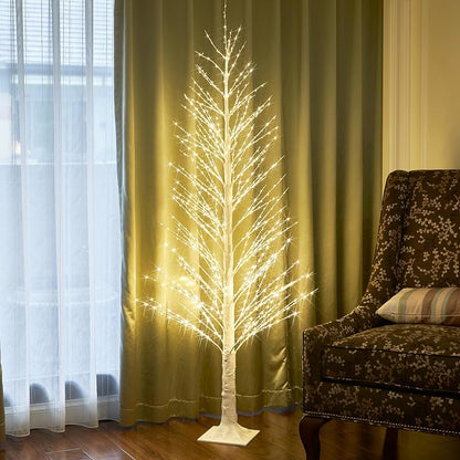 Lighted Alpine Tree 6FT with 810 LED Warm White Lights - White Bark Finish, Ground Stakes Included