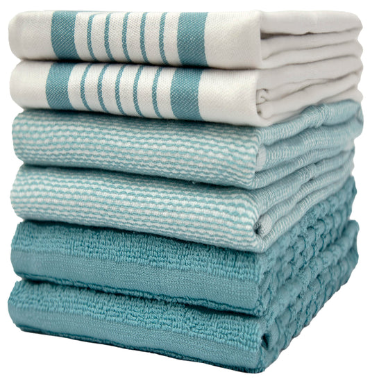 Premium Kitchen Towels 20”x 28”- 6 Pack| Large Cotton Kitchen Towels | Hand Towels for Kitchen | Flat & Terry Towel | Dish Towels | Highly Absorbent Tea Towels Set with Hanging Loop | Aqua Striped