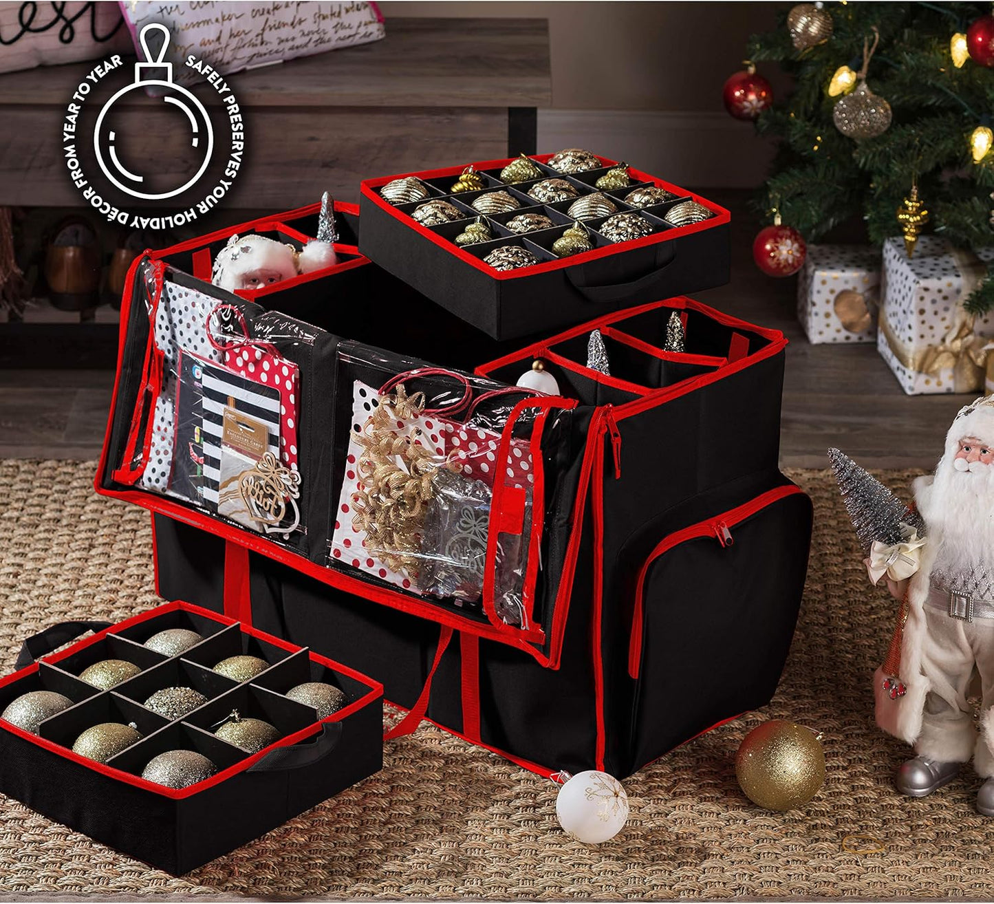 ZOBER Christmas Ornament Storage Box - Easy Access Removable Trays for 73 Ornaments | Adjustable Black Container