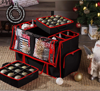 ZOBER Christmas Ornament Storage Box - Easy Access Removable Trays for 73 Ornaments | Adjustable Black Container