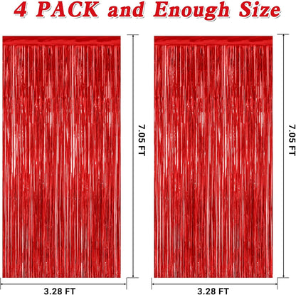 Regine Switzerland Red Backdrop - 4 Pack Metallic Foil Fringe Curtains | 3.28 FT x 7.05 FT Party Decor
