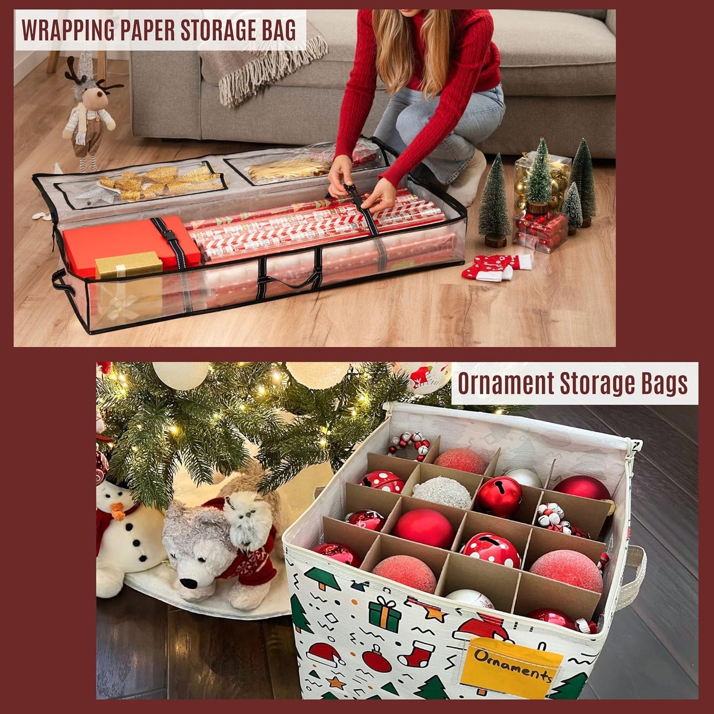 VENO Christmas Decoration Storage Bags - 3 Pack for Wrapping Paper & Ornaments | Durable & Spacious