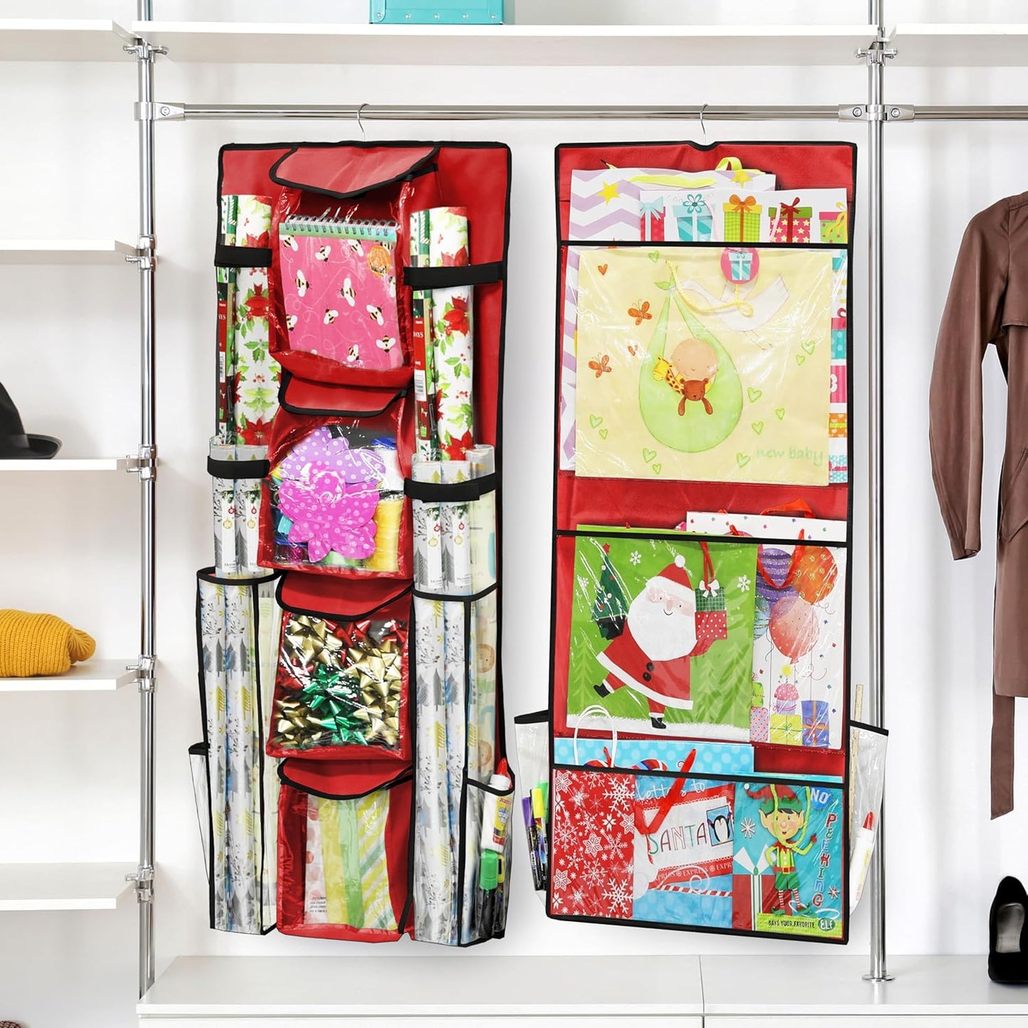 Simple Houseware Double-Sided Gift Wrap Organizer - Red Storage Pockets (Set of 1)