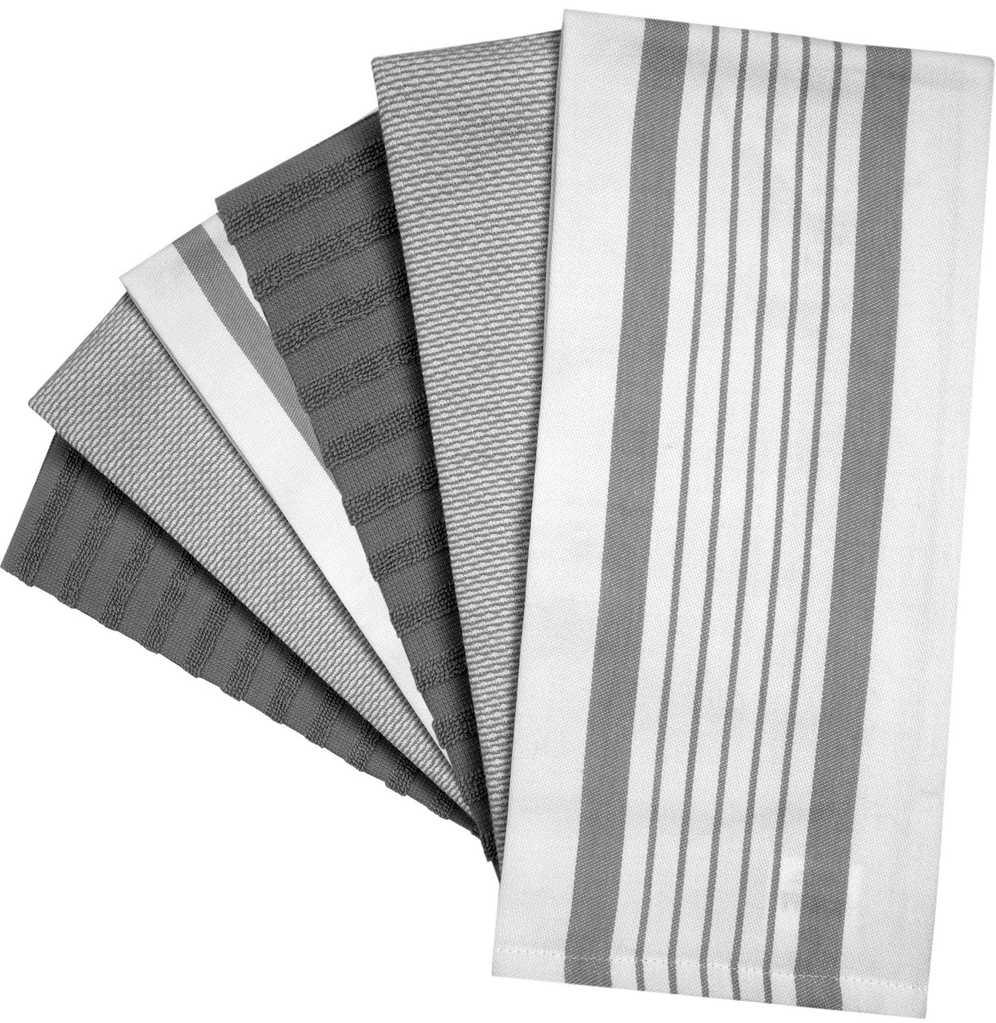 6 Pack 20x28" Absorbent Cotton Kitchen Towels with Hanging Loop - Grey Striped