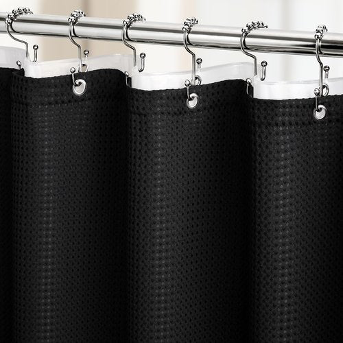 Dynamene Stall Shower Curtain and Liner Set - 36 x 72 inch Half Waffle Fabric, Narrow Waterproof Clear Liner, Heavy Duty Weighted Hotel Luxury Cloth Shower Curtains for Bathroom with 6 Hooks, Black