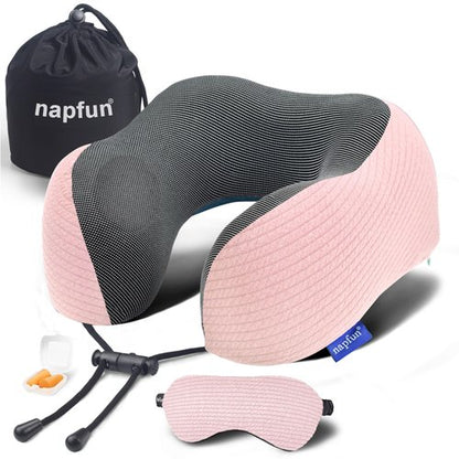 napfun Neck Pillow for Travel with Travel Pouch, Sleep Mask & Earplugs, Memory Foam Airplane Pillow for Headrest Sleep with Eyeshades, Plane Essentials with Eye Blindfold, Pink Striped Kit