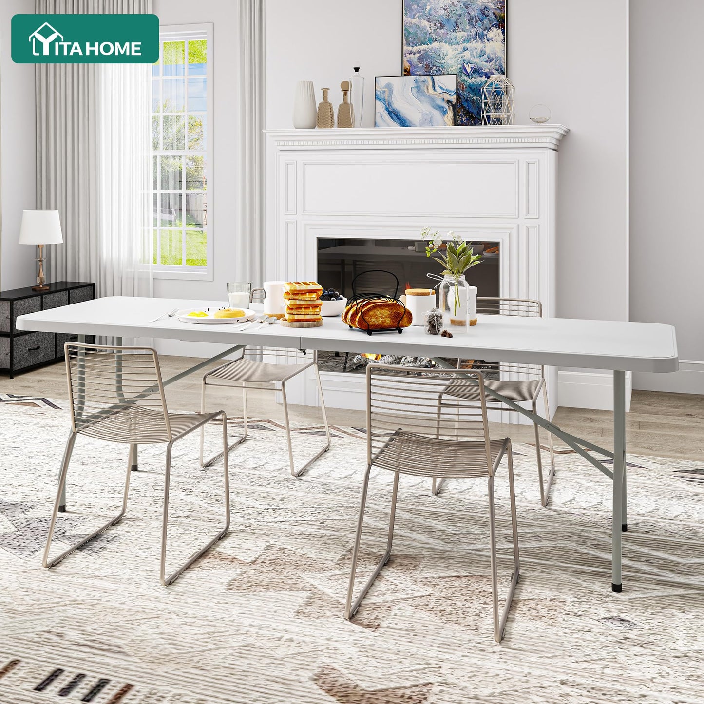 YITAHOME 8FT Folding Tables, Heavy Duty Folding Table with Carrying Handle, Plastic Fold up Table for Outdoor Camping Picnic Parties/Indoor Events, White