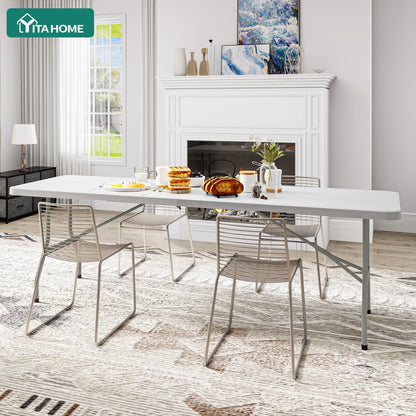 YITAHOME 8FT Folding Tables, Heavy Duty Folding Table with Carrying Handle, Plastic Fold up Table for Outdoor Camping Picnic Parties/Indoor Events, White