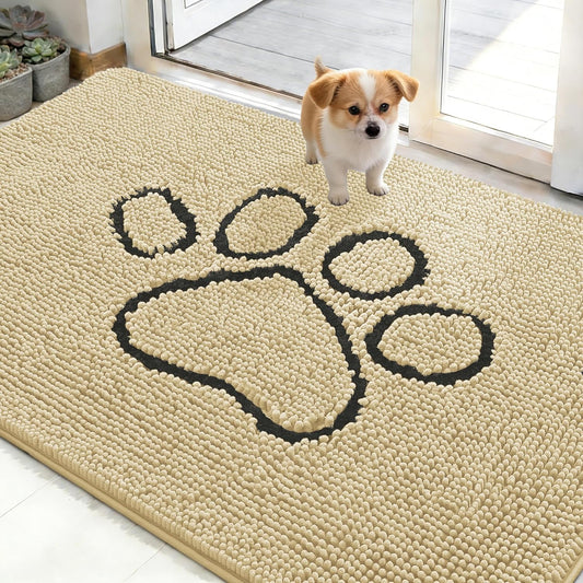 OLANLY Dog Door Mat - Absorbent Non-Slip Mud Mat for Dogs | 48x30 Paw Print Design, Quick Dry Chenille