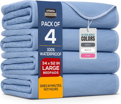 Utopia Bedding Waterproof Washable Underpads - Heavy Absorbency Bed Pads for Adults & Pets | 34" x 52" (Pack of 4) - Blue