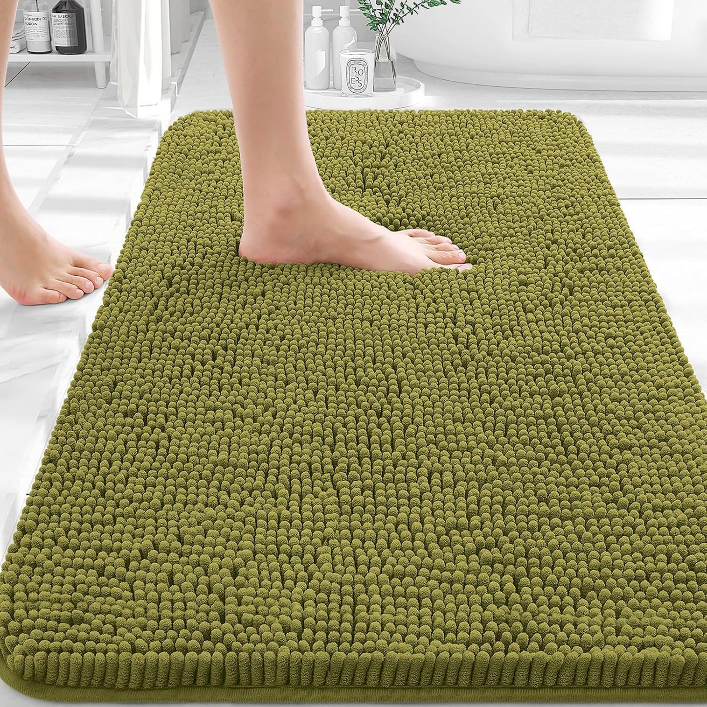 OLANLY Bathroom Rugs - Extra Soft Chenille Bath Mats with Rubber Backing | 30x20, Quick Dry, Willow Green
