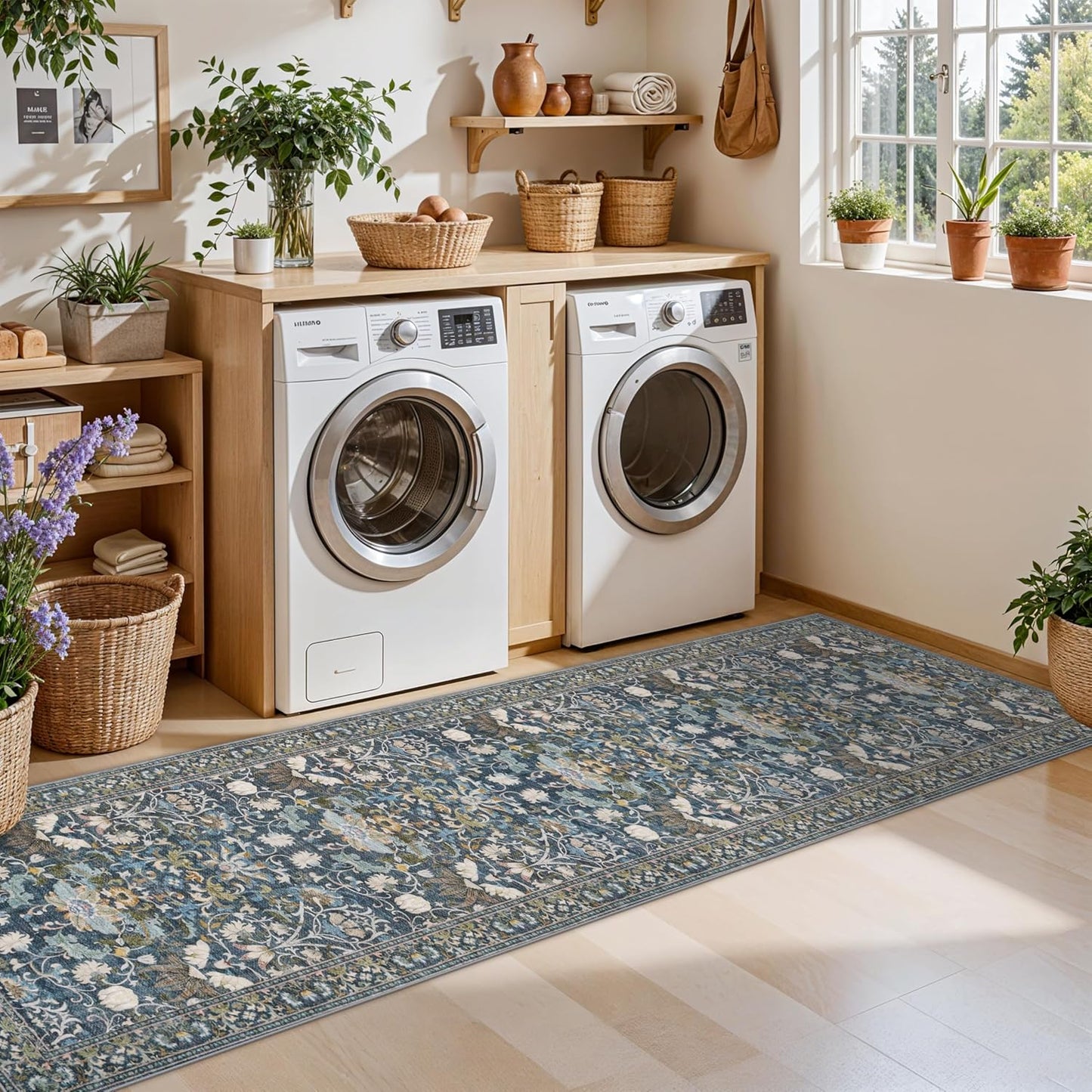 Skiennix Washable Hallway Runner Rug - Vintage Water-Resistant, Ultra Soft, Non-Slip | 2x8 Floral Blue
