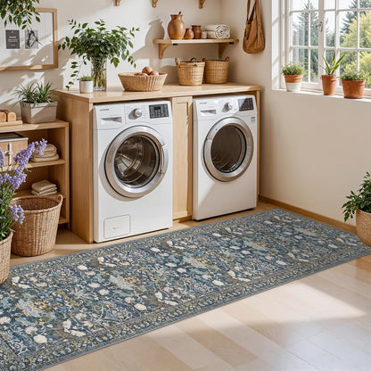 Skiennix Washable Hallway Runner Rug - Vintage Water-Resistant, Ultra Soft, Non-Slip | 2x8 Floral Blue