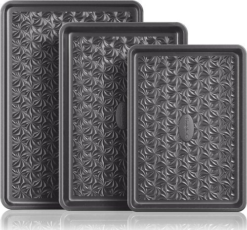 HONGBAKE Nonstick Baking Sheet Pan Set - Heavy Duty 0.8mm Thick Cookie Sheets | Dark Gray, Floral Swirl Design