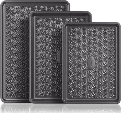 HONGBAKE Nonstick Baking Sheet Pan Set - Heavy Duty 0.8mm Thick Cookie Sheets | Dark Gray, Floral Swirl Design