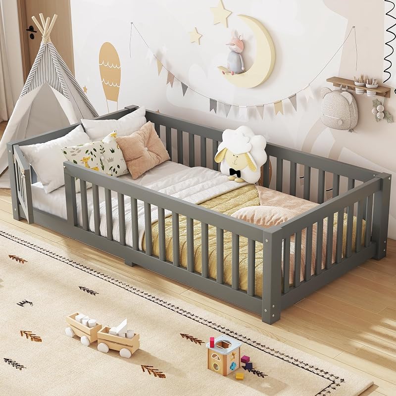 Twin Size Montessori Floor Bed with Door, Fence & Slats – Grey + Twin
