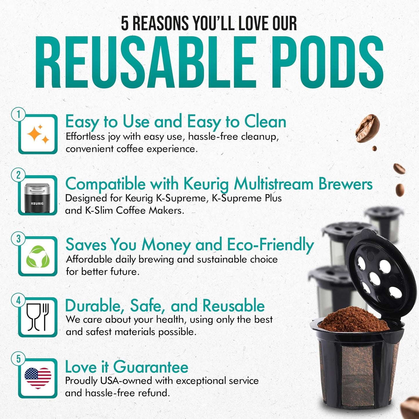 PureHQ Reusable K Cups for Keurig Coffee Makers - MultiStream Refillable Pods - 4 Pack