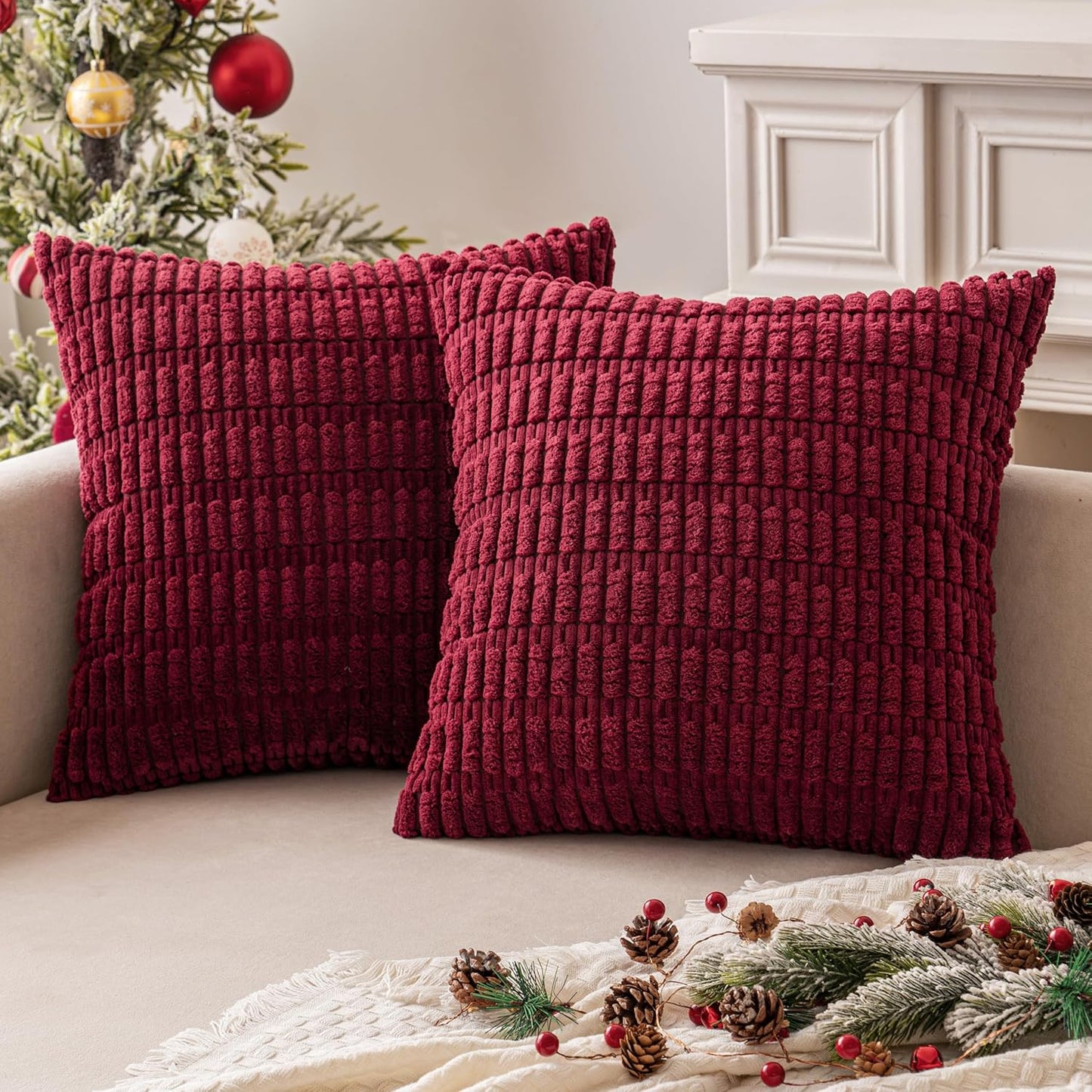 MIULEE Burgundy Corduroy Decorative Pillow Covers - Soft Boho Striped 18x18 Inch | Modern Farmhouse Home Decor