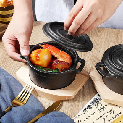 Skiennix 20 oz Dutch Oven Pot - Pre-Seasoned Cast Iron Casserole with Lid & Wooden Base | Heavy-Duty Mini Cocotte in Black