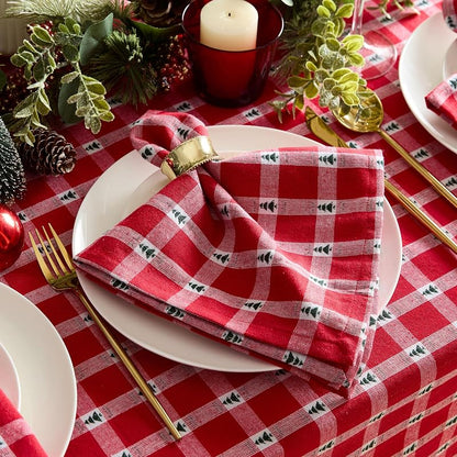 70" Round Christmas Tablecloth with Little Christmas Trees, Cotton Plaid – Lintex