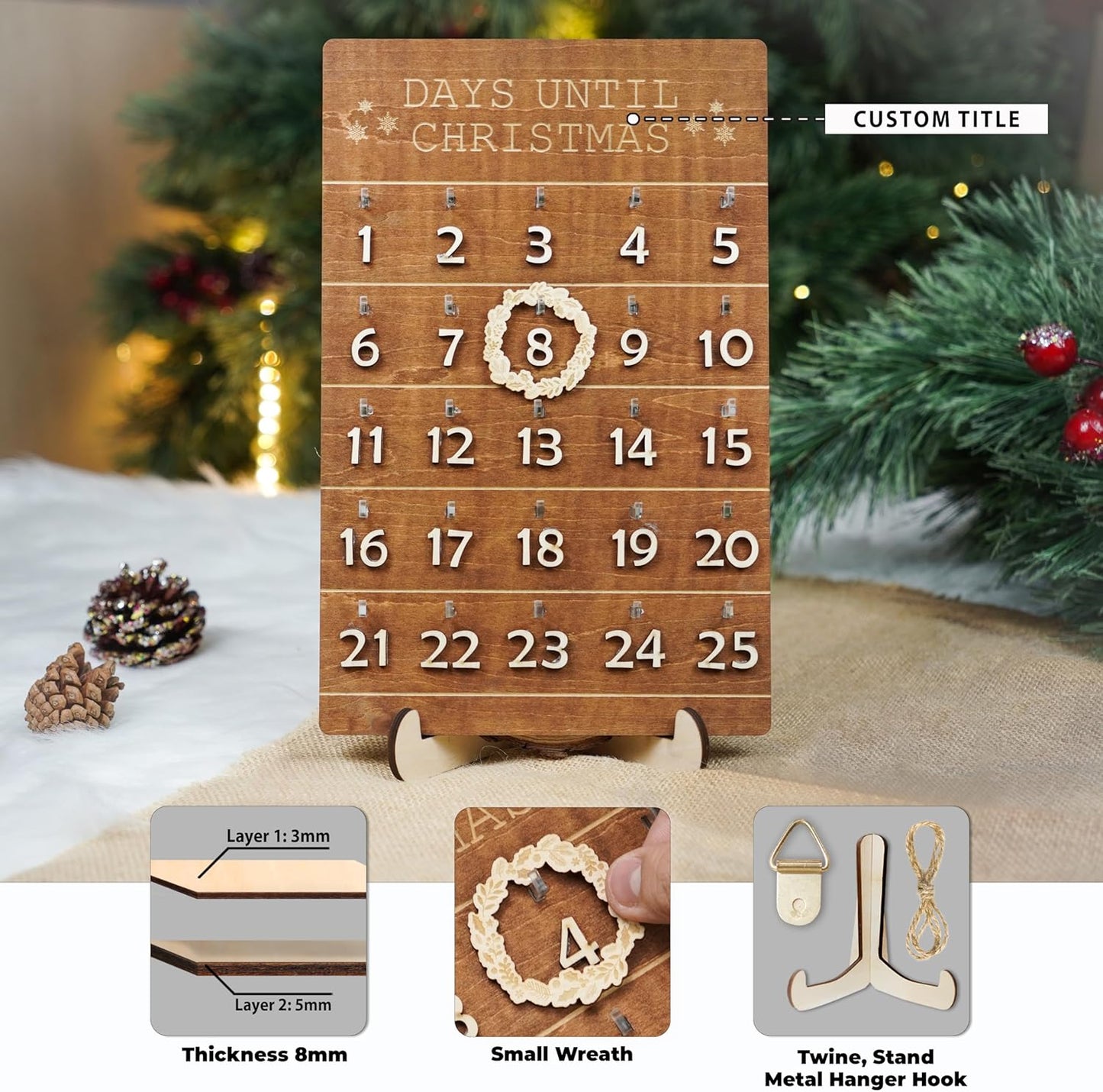 Skiennix Christmas Advent Calendar - Wooden Countdown Wall Hanging Sign | Rustic Holiday Decor for Kids & Family