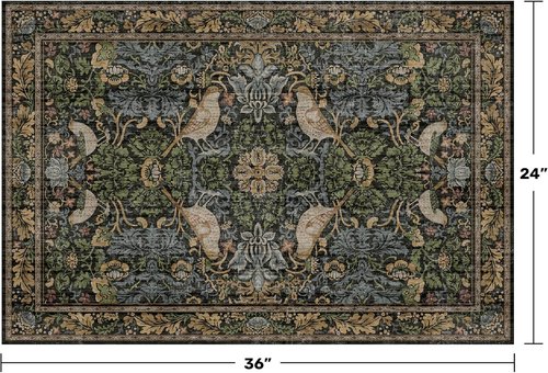 Hazo Haus Washable Floral Rug - Vintage Dark Botanical Design | Small 2x3 Indoor Mat in Earthy Tones