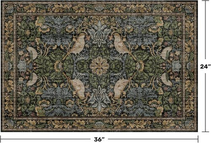 Hazo Haus Washable Floral Rug - Vintage Dark Botanical Design | Small 2x3 Indoor Mat in Earthy Tones
