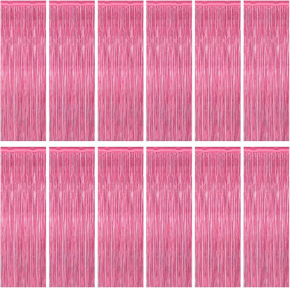 ZATAYE Pink Foil Fringe Curtains - 12 Pack Metallic Tinsel Backdrop for Parties | 3.28 FT x 7.05 FT