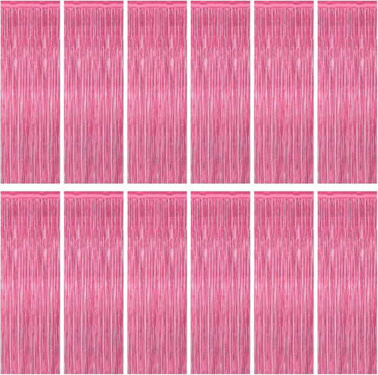 ZATAYE Pink Foil Fringe Curtains - 12 Pack Metallic Tinsel Backdrop for Parties | 3.28 FT x 7.05 FT