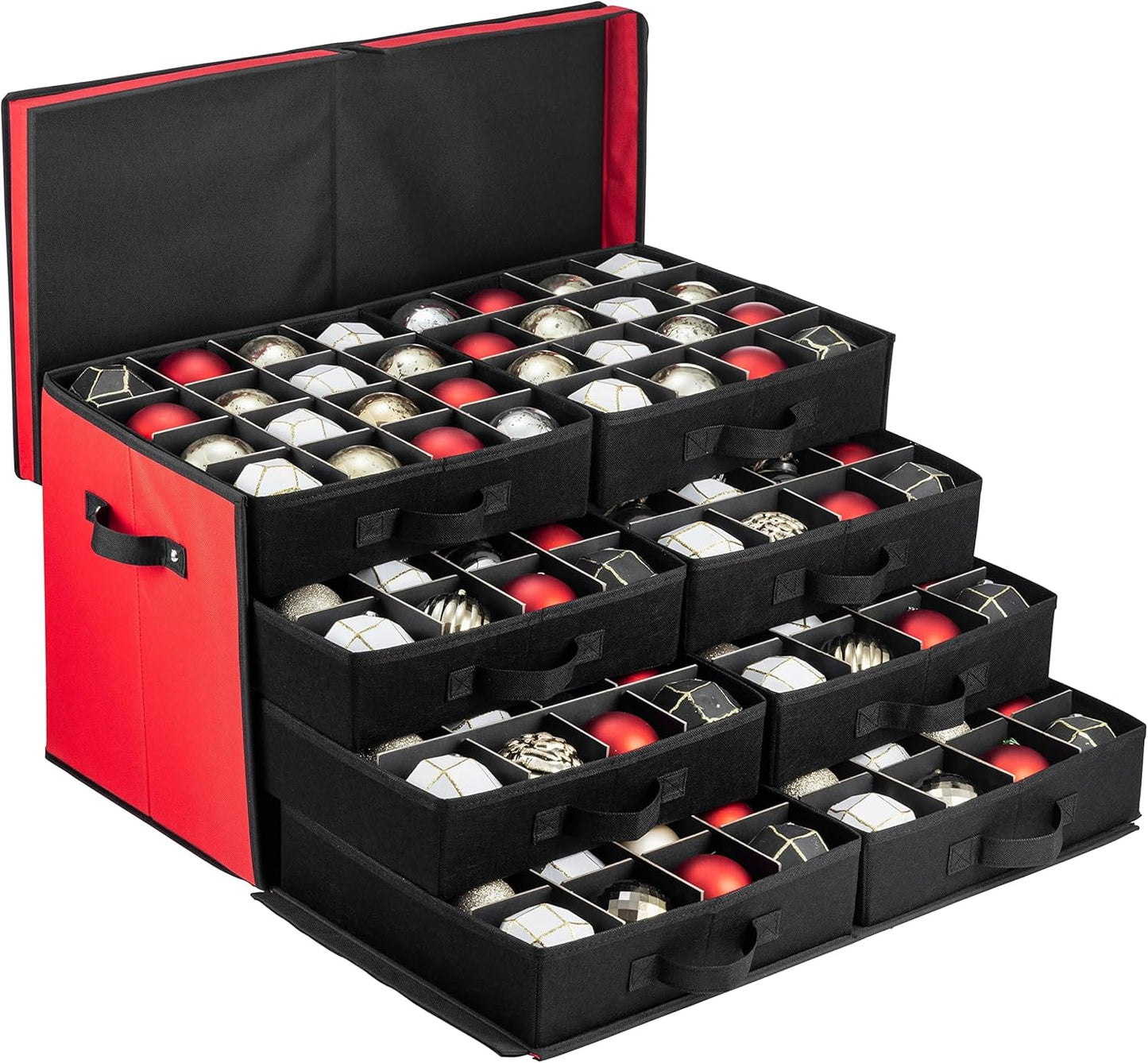ZOBER Christmas Ornament Storage Box | Durable 600D Oxford Fabric - Holds 128 Ornaments in Drawer Trays - Red