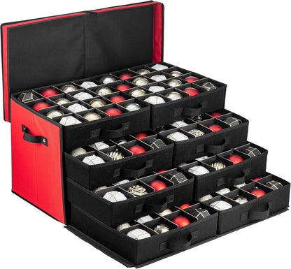 ZOBER Christmas Ornament Storage Box | Durable 600D Oxford Fabric - Holds 128 Ornaments in Drawer Trays - Red