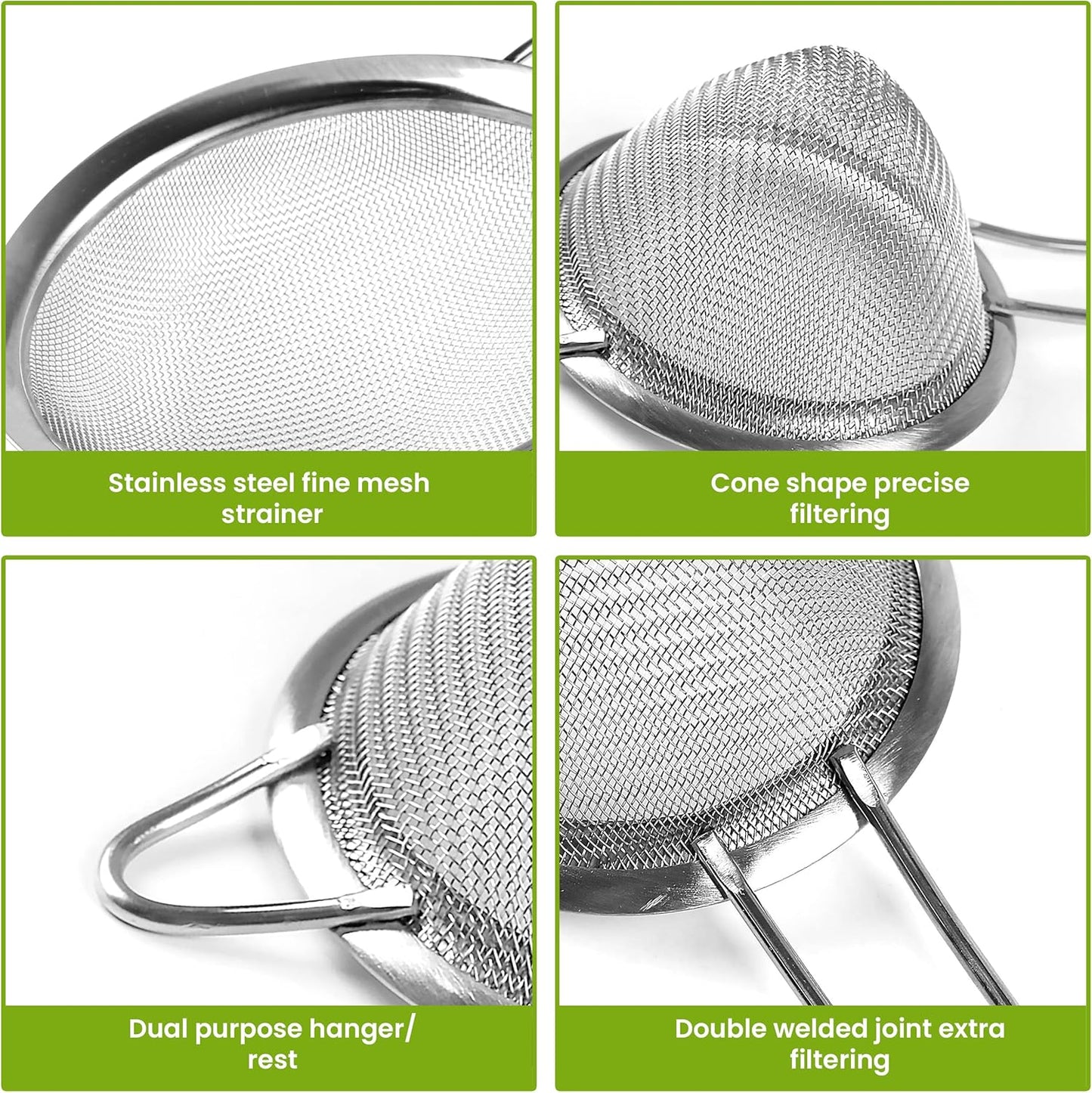 Stainless Steel Mesh Strainers Set by [Brand Name] - 5.5-Inch Round & 3.4-Inch Conical - Perfect for Sifting Pasta, Quinoa, Tea, and More