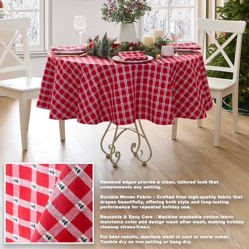 70" Round Christmas Tablecloth with Little Christmas Trees, Cotton Plaid – Lintex