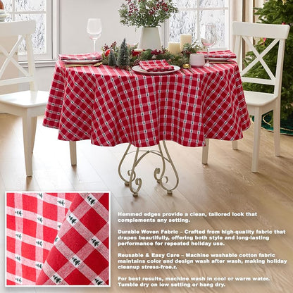70" Round Christmas Tablecloth with Little Christmas Trees, Cotton Plaid – Lintex